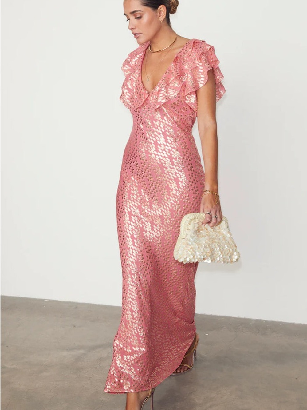 Never Fully Dressed Pink Sequin Ruffle Maxi Dress